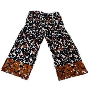 Susan Graver Wide Leg Crop Pants Floral Print Navy Brown White XL